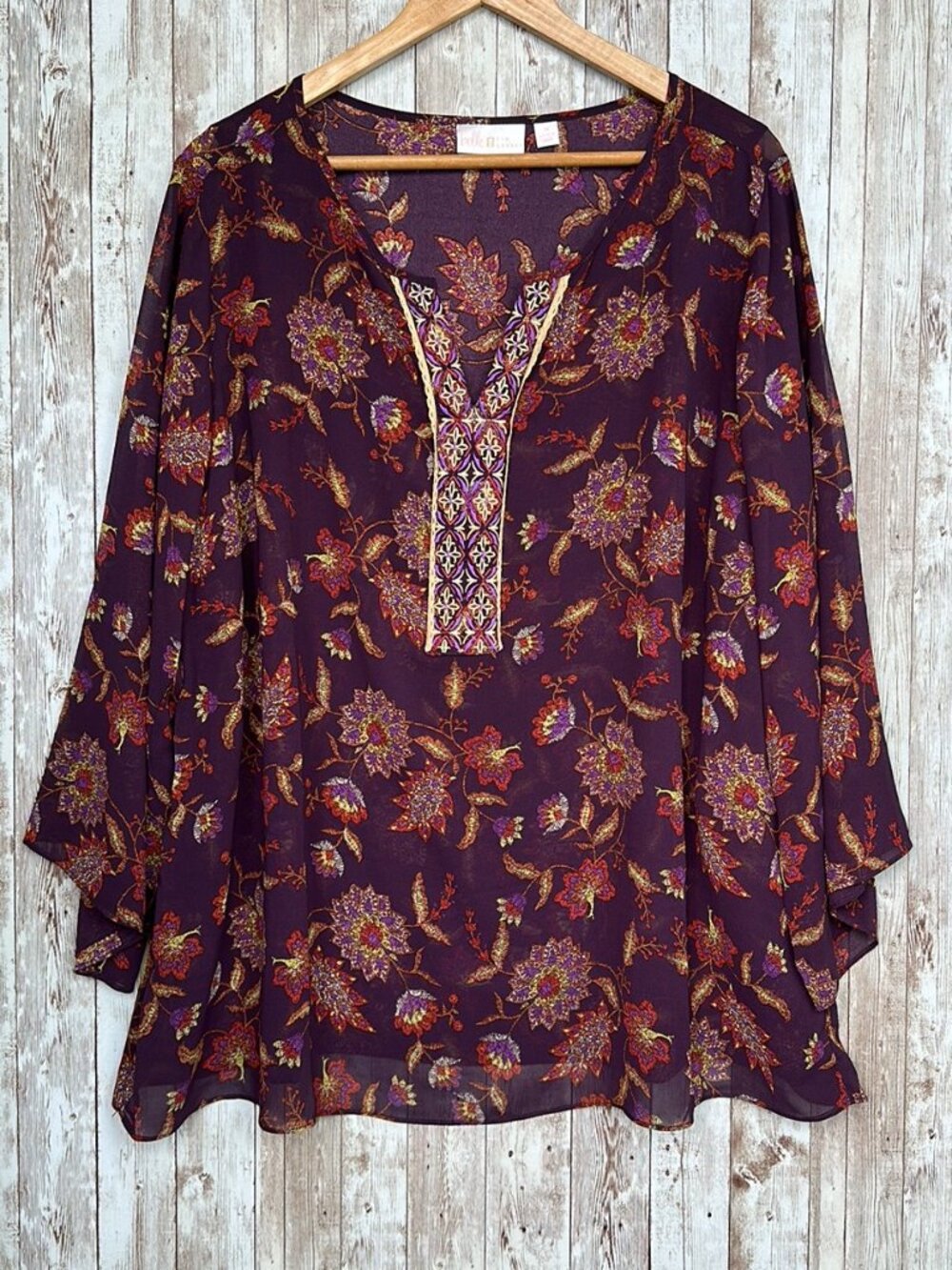 Belle Kim Gravel V-Neck Tunic Top sz 1X Purple Red 3/4 Bell Sleeves Lined Sheer